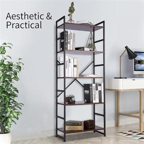 img 3 attached to 📚 5-Tier Wood and Metal Industrial Bookshelf - Rustic Bookcase Storage Organizer for Living Room, Bedroom, Kitchen, and Office - Brown