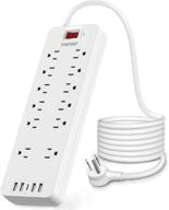 yohinsiz power strip surge protector - 12 outlets, 4 usb ports & 1 usb-c port (5v/3a), 6ft extension cord with flat plug for home & office, black/white (white) logo