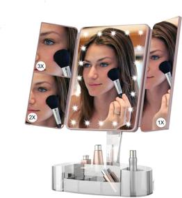 img 4 attached to 💄 Hansong Tri-Fold Makeup Mirror with Lights and Bluetooth - Enhancing Vanity Mirror with Adjustable Magnification (2x/3x/10x), Illuminated Mirror with Makeup Tray Organizer, Touch Control Dimming, Rechargeable