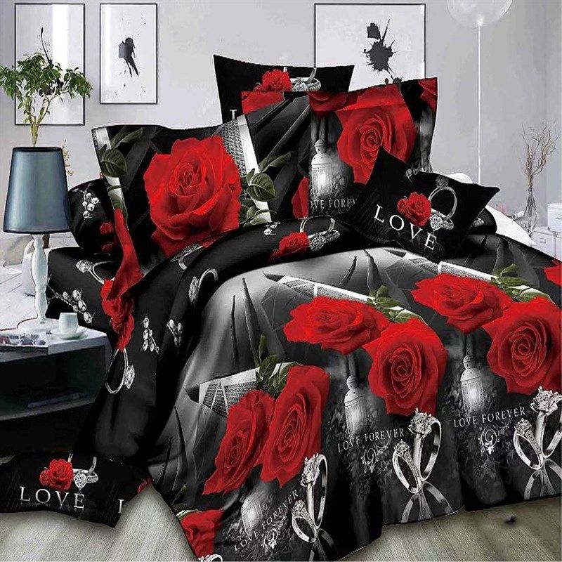 Stunning Black Red Flower 3D Bedding Set: Floral Pattern…
