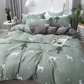 img 3 attached to 🦌 Omelas Kids Sage Green Bedding Twin Duvet Cover Set - Soft Microfiber Cartoon Animal Elk Deer Tree Printed - Black Rectangle Plaid Bedding Set for Girls Boys 3 Pieces (SLXL,T)