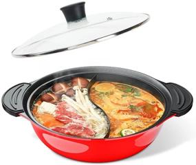 img 4 attached to 🍲 Non-Stick Red Shabu Shabu Hot Pot with Lid, 11 Inch - Induction Cooktop Compatible - Sided Soup Cookware with Divider