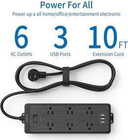 img 3 attached to NTONPOWER Surge Protector Power Strip with USB, 10ft Extension Cord and 6 AC Outlets - Wall Mountable for Home Office Accessories, 15A Circuit Breaker, Black