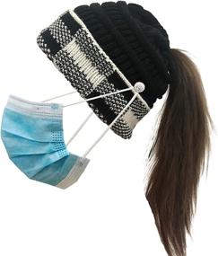 img 4 attached to Ponytail Beanie Hat for Women with Mask Button - Winter Criss Cross High Messy Bun Beanie Hat featuring Ponytail Hole