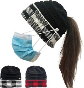 img 3 attached to Ponytail Beanie Hat for Women with Mask Button - Winter Criss Cross High Messy Bun Beanie Hat featuring Ponytail Hole