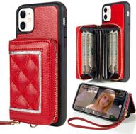 🔶 zve wallet case for iphone 11 6.1 inch, zipper leather case with credit card holder & wrist strap, handbag purse protective cover for apple iphone 11, 6.1 inch - red silver logo