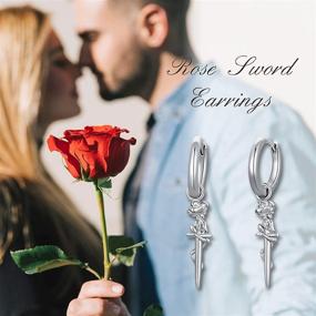 img 3 attached to 🌹 Sterling Silver Dagger Hoop Cuff Earrings for Women and Girls - Rose Sword Dangle Huggie Earrings