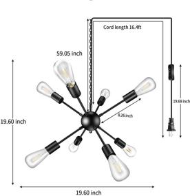 img 2 attached to 💡 Black Metal Plug-In Chandelier with 8 Lights, 16.4ft Cord, On/Off Switch, Ceiling Pendant Light for Kitchen, Dining, Living, Bedroom - Mid-Century Industrial Sputnik Chandelier for Better Lighting