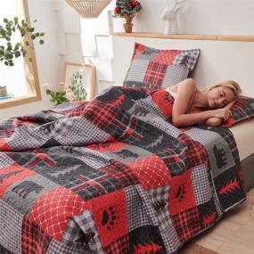 img 1 attached to 🐻 King Size Bear Bedding - Red Black Plaid Quilt Set with Buffalo Checkered Patchwork Design - Rustic Forest Lodge Bedspread - Reversible Coverlet for Summer - Lightweight Thin Bedspread - Bear Plaid Quilt