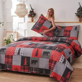 img 2 attached to 🐻 King Size Bear Bedding - Red Black Plaid Quilt Set with Buffalo Checkered Patchwork Design - Rustic Forest Lodge Bedspread - Reversible Coverlet for Summer - Lightweight Thin Bedspread - Bear Plaid Quilt