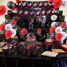 img 1 attached to 🎉 52-Piece Miles Morales Birthday Party Decorations with Venom & Spide-man - Includes Birthday Banner, Cake Topper, Cupcake Toppers, Balloons, Hanging Swirls - Party Decorations Favor Pack Set for Boys and Girls