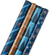 hallmark reversible christmas wrapping paper bundle: elegant blues, pack of 4, 150 sq. ft. total - navy, gold, snowflakes, peace, stripes, geometric patterns logo