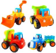 🚜 friction powered cars and push toy trucks construction vehicles set for 1-3 year old baby toddlers - dump truck, cement mixer, bulldozer, tractor, early educational cartoon (set of 4) logo