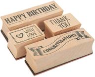 set of 4 wood mounted rubber stamps for card making, diy crafts, scrapbooking - happy birthday, thank you, congratulations, with love logo