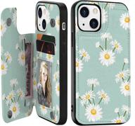 🌼 stylish crosspace premium leather case with card holder for iphone 13 - floral design wallet case for women and girls: green daisy flower edition logo