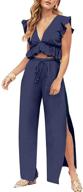 👗 fancyinn women's trendy 2-piece set: deep v neck crop top and wide leg pants jumpsuit with side slit and drawstring logo