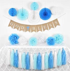 img 1 attached to 🎉 High Quality Baptism Decorations for Boys - First Communion God Bless Burlap Banner with Blue Cross, Honeycomb, Paper Fan, Paper Tassel, Pompoms - Bautizo Decorations by Antsik'Aby