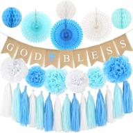 🎉 high quality baptism decorations for boys - first communion god bless burlap banner with blue cross, honeycomb, paper fan, paper tassel, pompoms - bautizo decorations by antsik'aby logo