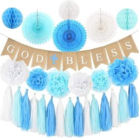 img 4 attached to 🎉 High Quality Baptism Decorations for Boys - First Communion God Bless Burlap Banner with Blue Cross, Honeycomb, Paper Fan, Paper Tassel, Pompoms - Bautizo Decorations by Antsik'Aby