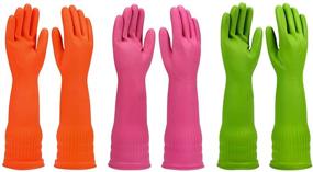 img 4 attached to Reusable Waterproof Rubber Gloves 3-Pack for Kitchen Cleaning and Household Dishwashing