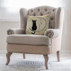 img 1 attached to 🌙 Moslion Cats Moon Throw Pillow Cover: Black Cat Sitting on the Moon Face Star Cotton Linen Cushion Cover for Sofa, 18x18 Inch, Light Brown