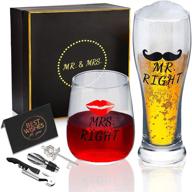 mr. right & mrs. always right beer and wine glass gift set: funny wedding and engagement gift for couples логотип