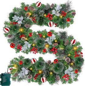 img 4 attached to 🎄 9 Ft 100 LED Prelit Christmas Garland Lights Decor Timer - Snowy Bristle Pine with Pinecones, Red Berries, Cypress Leaves, and Ball Ornaments - Battery Operated Indoor Home Decoration