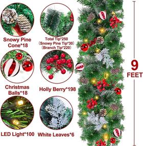 img 3 attached to 🎄 9 Ft 100 LED Prelit Christmas Garland Lights Decor Timer - Snowy Bristle Pine with Pinecones, Red Berries, Cypress Leaves, and Ball Ornaments - Battery Operated Indoor Home Decoration