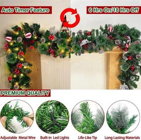 img 1 attached to 🎄 9 Ft 100 LED Prelit Christmas Garland Lights Decor Timer - Snowy Bristle Pine with Pinecones, Red Berries, Cypress Leaves, and Ball Ornaments - Battery Operated Indoor Home Decoration