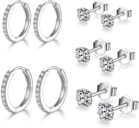 img 4 attached to Versatile Sterling Silver Earrings Set: Small Studs, Hoops & Cuffs for Women, Men, and Girls