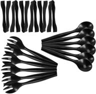 🍽️ pack of 18 - durable disposable plastic serving utensils, 6 large 10” spoons and forks, 6 compact 6-1/2” tongs, black logo