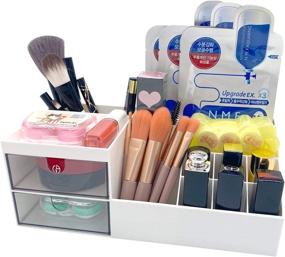 img 3 attached to 💄 White Makeup Desk Organizer and Vanity Storage Box for Office Supplies, Bathroom, and Dresser