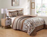🌸 kimberly king/cal-king 3 pc quilt set: modern floral luxury bedspread with soft flowers motif and leaf leaves design in brown taupe beige rust & accent slate blue logo