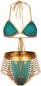 img 4 attached to 👙 Zando Women's Tribal Print Bikini: African Metallic Swimsuit for Stylish Beachwear - Cutout Halter Neck Two Piece Bathing Suit Swimwear