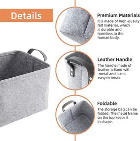 img 2 attached to 📦 AkiiGer 2 Pack Light Grey Foldable Felt Storage Baskets with Leather Handles - Ideal Open Storage Bins for Shelves, Magazine, Toys, Clothing