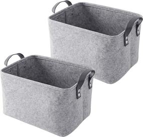 img 4 attached to 📦 AkiiGer 2 Pack Light Grey Foldable Felt Storage Baskets with Leather Handles - Ideal Open Storage Bins for Shelves, Magazine, Toys, Clothing