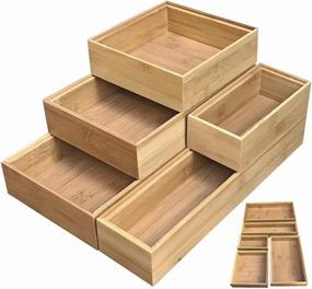 img 4 attached to 📦 Maximize Office Organization with Simhoo Bamboo Stackable Drawer Organizer and Desk Storage Box/Tray - Perfect for Office Supplies, Junk, Crafts, Sewing, and More! Adjustable 5-Box Set for Efficient Daily Use