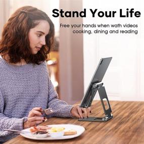 img 1 attached to Adjustable Tablet Stand, iPad Stand, Desk Phone Holder Dock for iPad Pro 9.7, 10.5, 12.9 Air Mini 4 3 2, iPhone 13 12 11 Pro Max, Samsung Galaxy, Microsoft Surface, Kindle, E-Reader (Black)