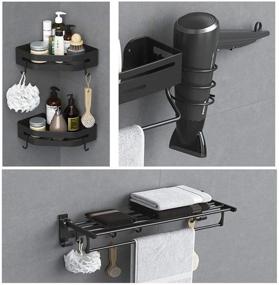 img 3 attached to Black Corner Shower Caddy Shelf with Hanging Bar - Floating Shelves for Bathroom Storage, 🚿 Towel Shelf, and Organizer Basket - Adhesive, No Drilling, Wall Mounted Bath Shelves for Kitchen Toilet