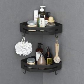 img 4 attached to Black Corner Shower Caddy Shelf with Hanging Bar - Floating Shelves for Bathroom Storage, 🚿 Towel Shelf, and Organizer Basket - Adhesive, No Drilling, Wall Mounted Bath Shelves for Kitchen Toilet