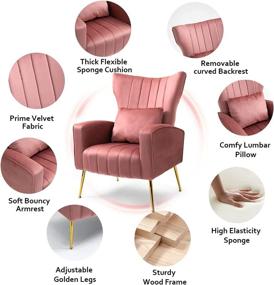 img 3 attached to WQSLHX Set of 2 Living Room Chairs with Lumbar Pillow, Velvet Accent Chair featuring High Back Mid Century Armchair design, perfect for Bedroom with Armrest, Arm Chair showcasing Golden Metal Legs, in an elegant Pink shade