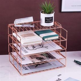 img 1 attached to 📚 Decorative Desk File Organizer Rack for Office Supplies - 4 Tier Stackable Letter Tray by Hosaken, Rose Gold, 0.16Inch Thick Frame, Letter Size