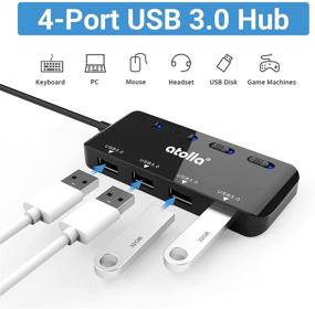 img 3 attached to atolla USB хаб, 4-портовый хаб USB 3.0 с индивидуальными переключателями питания и кабелем длиной 2 фута, тонкий USB разветвитель для ПК/Мак, iMac, MacBook Air, Surface Pro, флэш-накопителей USB, мобильных жестких дисков