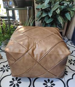 img 4 attached to 🪑 RISEON Boho Handmade Faux Leather Moroccan Pouf Footstool Ottoman - Stylish Square Floor Cushion for Living Room, Bedroom and Under Desk (Beige)