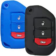 set of 2 alegender silicone 3-button flip key cover fob case skin remote jacket holder protector for 2018 2019 jeep wrangler jl - black and blue logo