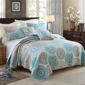 img 4 attached to 🛏️ YAYIDAY 100% Cotton Bedspread Quilt Set King Size 3Pcs - Aqua Blue Floral Quilted Coverlet with Pillow Shams - Farmhouse Country Rustic Bohemian Pattern for a Breathable Bed Blanket