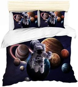 img 3 attached to 🚀 URLINENS Space Astronaut Duvet Cover Set: 3D Printed, Twin Size, with 9 Planets Image - Blue Brown, Decorative Bedding Set for Boys and Girls