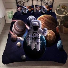 img 2 attached to 🚀 URLINENS Space Astronaut Duvet Cover Set: 3D Printed, Twin Size, with 9 Planets Image - Blue Brown, Decorative Bedding Set for Boys and Girls