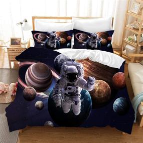 img 1 attached to 🚀 URLINENS Space Astronaut Duvet Cover Set: 3D Printed, Twin Size, with 9 Planets Image - Blue Brown, Decorative Bedding Set for Boys and Girls