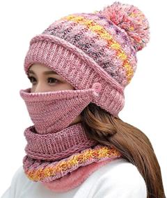 img 4 attached to 🧣 Warm and Stylish Fleece Lined Winter Hat Set for Women - Knit Beanie, Scarf, Mask, and Pom